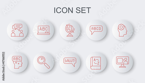 Set line Foreign language online study, Learning foreign languages, Earth globe, Translator book, Two sitting men talking, Chalkboard, Magnifying glass and Salut different icon. Vector