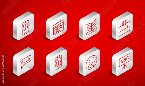 Set line Chalkboard, School timetable, Open book, Briefcase, Earth globe, Foreign language online study, Online translator and Alphabet icon. Vector