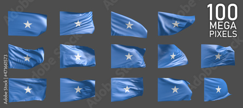 Somalia flag isolated - different images of the waving flag on grey background - object 3D illustration