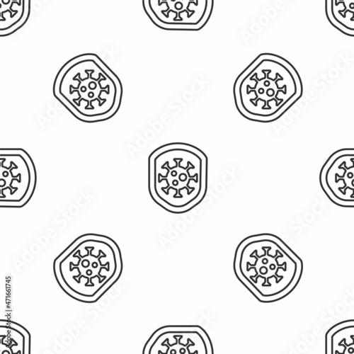 Grey line Shield protecting from virus, germs and bacteria icon isolated seamless pattern on white background. Immune system concept. Corona virus 2019-nCoV. Vector.