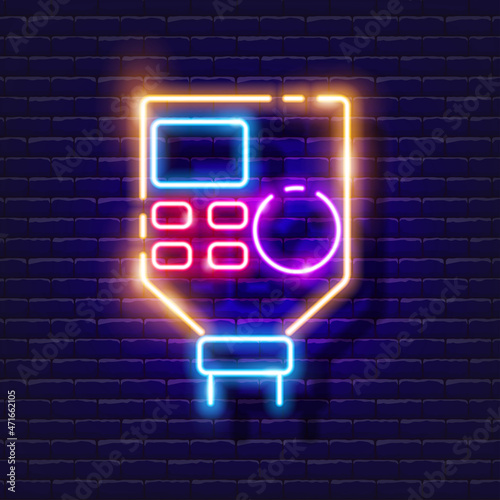 Irrigation controller neon icon. Irrigation system, watering system, hose and accessories glowing sign. Vector illustration for design, website, advertising, store, goods.