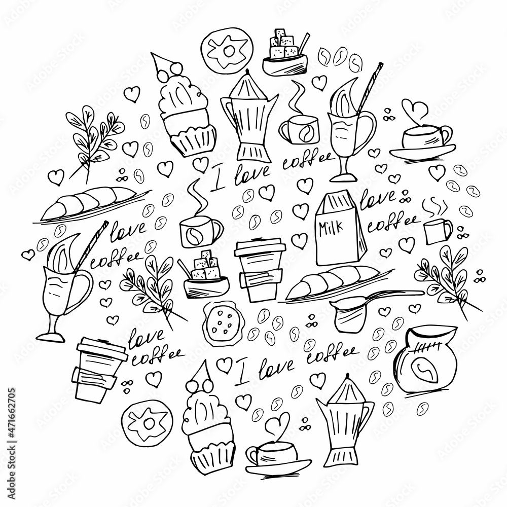 Doodles, hand-drawn coffee elements, isolated on a white background: cup of hot coffee, a kettle, coffee beans, sugar, cookies, milk, croissant, donut. coffee set in a circle and text 