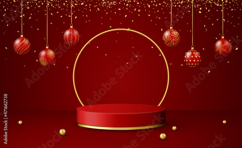 Christmas 3d scene with red and gold podium platform, christmas balls, confetti.