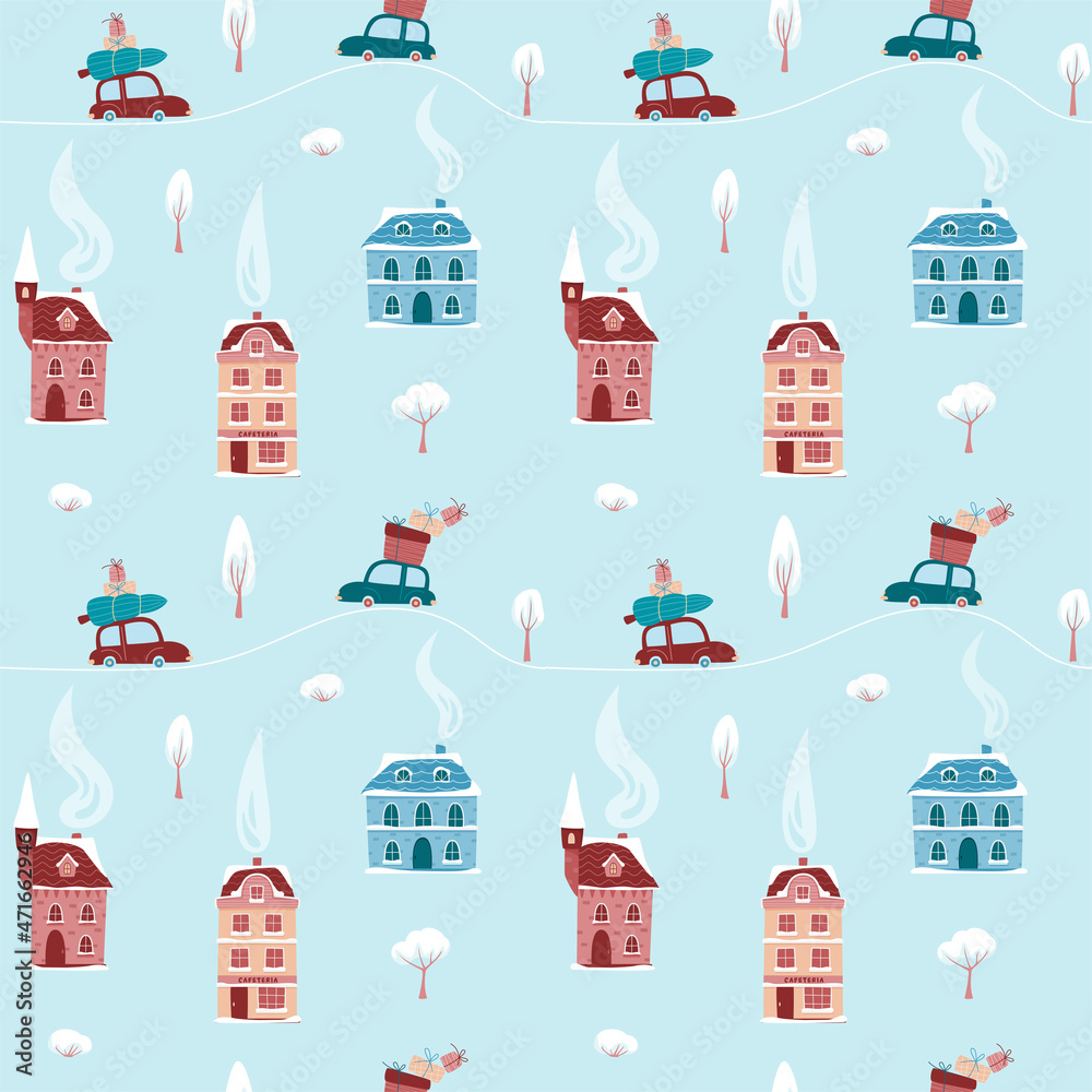 Winter seamless pattern with vintage houses. Winter holidays, Christmas or New Year concept. Vector illustration background