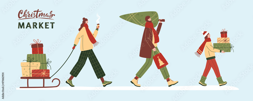 Naklejka premium People carrying gift boxes and Christmas tree. Vector flat illustration. Positive festive persons with presents. Winter shopping, Xmas sale, Boxing day, Christmas market concept