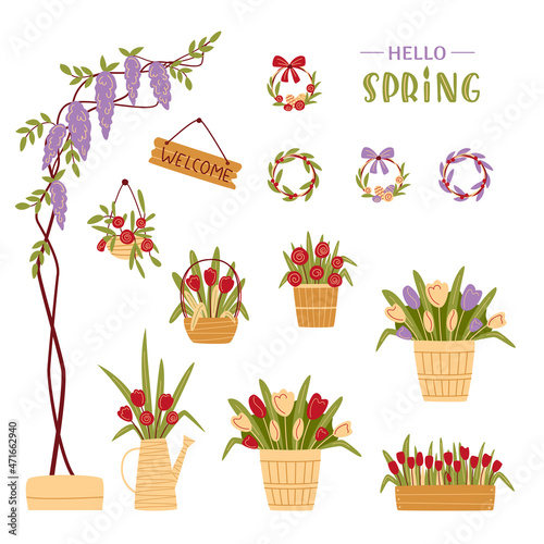 Set of floral spring elements. Flowers in pots, wisteria, hello spring lettering, easter wreathes. Spring flowers