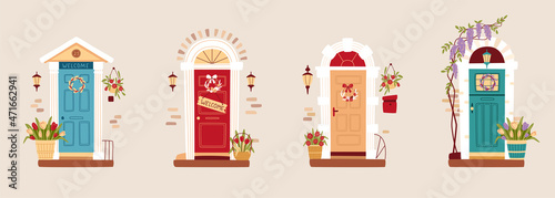Set of doors decorated for Spring or Easter. Traditional spring home decoration, floral wreath on the door, lanterns and flowers. Vector illustration