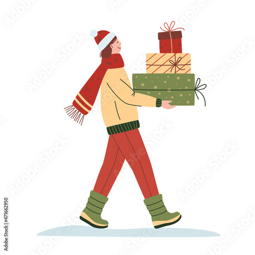 Kid carrying Christmas gifts. Preparation for winter holidays. Christmas Fair, Market or Winter Sale concept. Positive festive character isolated on white. Vector illustration
