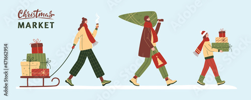 People carrying gift boxes and Christmas tree. Vector flat illustration. Positive festive persons with presents. Winter shopping, Xmas sale, Boxing day, Christmas market concept