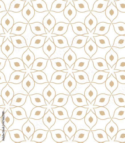 Floral geometric pattern with the intersection of thin golden lines on a white background. Seamless linear pattern. Stylish fractal texture.