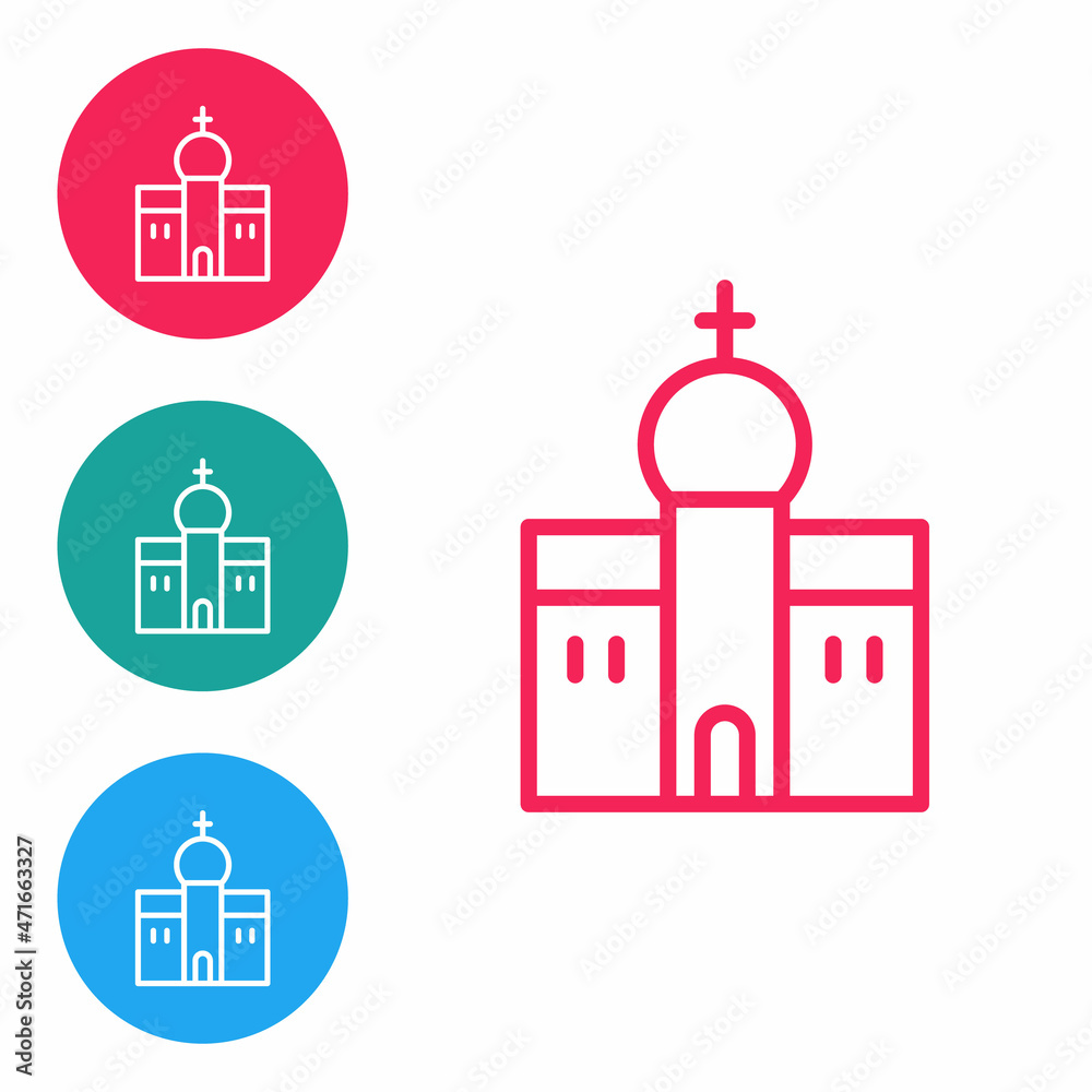 Red line Church building icon isolated on white background. Christian Church. Religion of church. Set icons in circle buttons. Vector