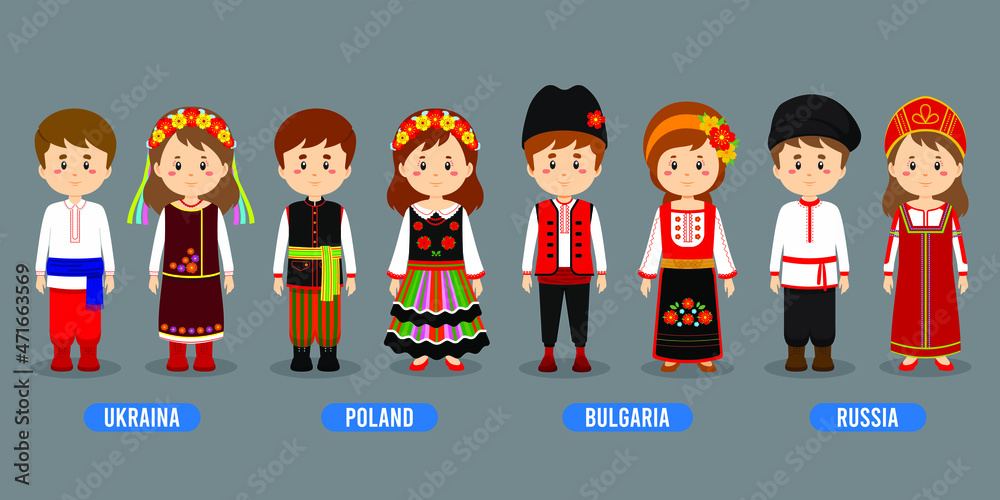 Stock Vector Kids in Different Traditional Costumes - obrazy, fototapety, plakaty 