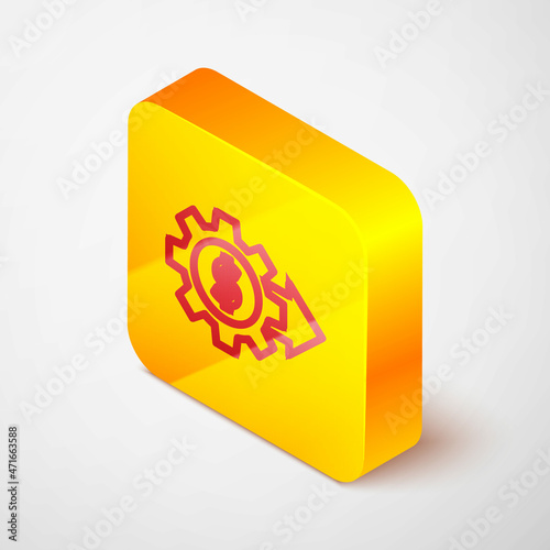 Isometric line Gear with dollar symbol icon isolated on grey background. Business and finance conceptual icon. Yellow square button. Vector