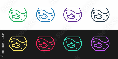 Set line Aquarium with fish icon isolated on black and white background. Round glass aquarium. Aquarium for home and pets. Vector