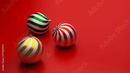 3d rendering of 3 ball ornaments to decorate christmas and new year on red background 