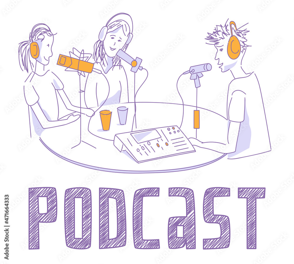 People in sound recording studio. Two women and man are speaking for podcast or radio program. Special equipment: microphones, headphones, mixer, DAW. Line art illustration on white background. Vector People in sound recording studio. Two women and man are speaking for podcast or radio program. Special equipment: microphones, headphones, mixer, DAW. Line art illustration on white background. Vector