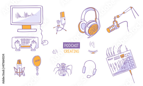 Set of special equipment for sound recording studio: microphones, headphones, mixer, digital audio workstation. Tools for podcast or radio program creation. Line art illustration. Outline vector