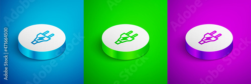 Isometric line Electric plug icon isolated on blue, green and purple background. Concept of connection and disconnection of the electricity. White circle button. Vector