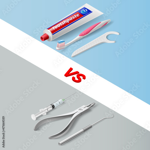 Basic Dentist Tools, and Instruments on Gray Background vs Oral Hygiene Individual Tools on Blue Backdrop