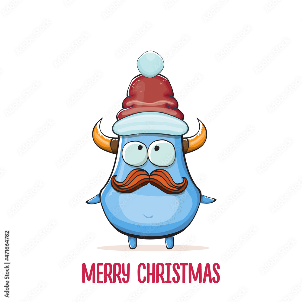 Vector cartoon funky blue monster with Santa Claus red hat isolated on white background. Childrens Merry Christmas greeting card with funny monster Santa Claus. Vector cartoon funky blue monster with Santa Claus red hat isolated on white background. Childrens Merry Christmas greeting card with funny monster Santa Claus.