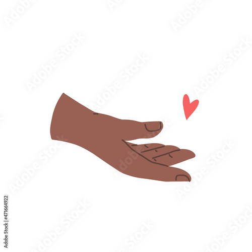 Hand gesture expressing love. Hand holding red heart. Vector flat illustration
