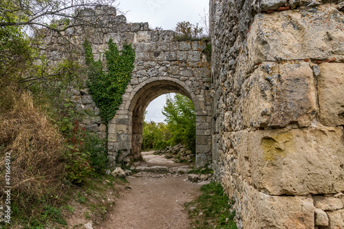 Old ruined fortress gate  Mangup-Kale city in the Crimea.