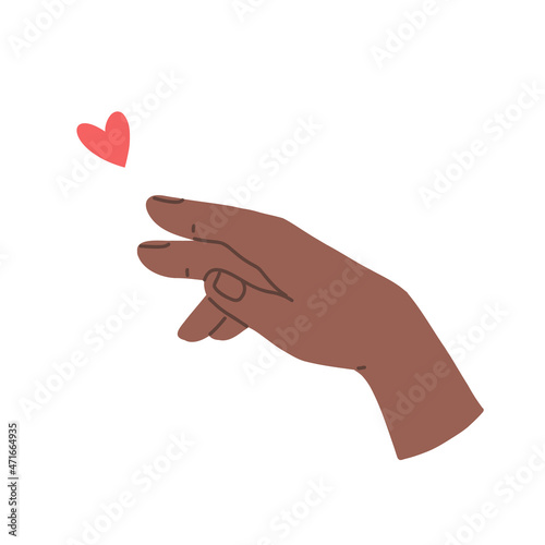 Hand gesture expressing love. Pointing finger and red heart. Vector flat illustration