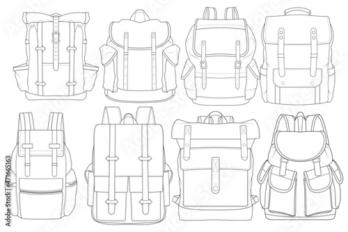 Set of backpack outline drawing vector, set of Backpack in a sketch style, trainers template outline, vector Illustration.
