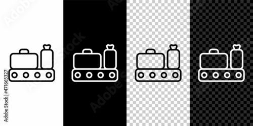 Set line Airport conveyor belt with passenger luggage, suitcase, bag, baggage icon isolated on black and white, transparent background. Vector