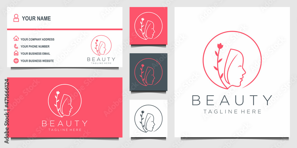 Fototapeta premium Beauty logo with woman inside circle style and business card design template, flower, logo, woman, Premium Vector