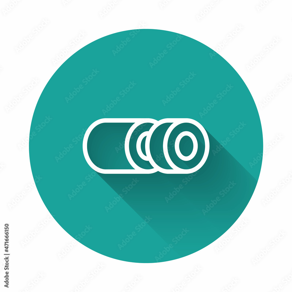 White line Sushi icon isolated with long shadow background. Traditional Japanese food. Green circle button. Vector