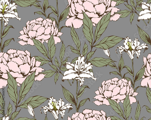 Seamless pattern. Peony and lily.  Suitable for fabric, mural, wallpapers, wrapping paper and the like