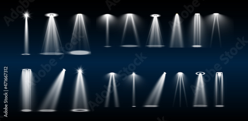 Stage lighting, a collection of transparent effects. Bright lighting with spotlights. Vector illustration.	
