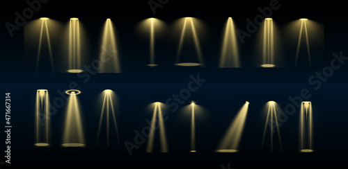 Stage lighting, a collection of transparent effects. Bright lighting with spotlights. Vector illustration.	