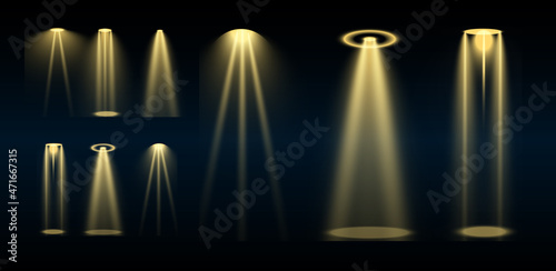 Stage lighting, a collection of transparent effects. Bright lighting with spotlights. Vector illustration.	