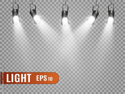 Stage lighting, a collection of transparent effects. Bright lighting with spotlights. Vector illustration.	