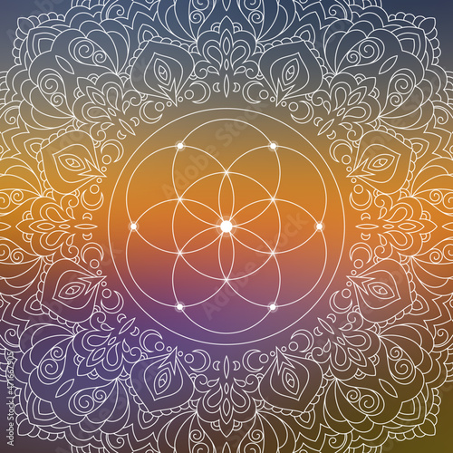 Sacred geometry zentangle inspired design template with oriental tribal ornaments. Flower of life ornamental new age art.