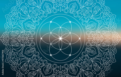 
Sacred geometry zentangle inspired design template with oriental tribal ornaments. Flower of life ornamental new age art.