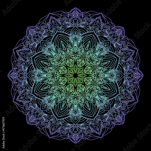 Hippie goa trance psychedelic colorful zentangle inspired mandala illustration with tribal boho chic ornaments. Oriental ornamental background.