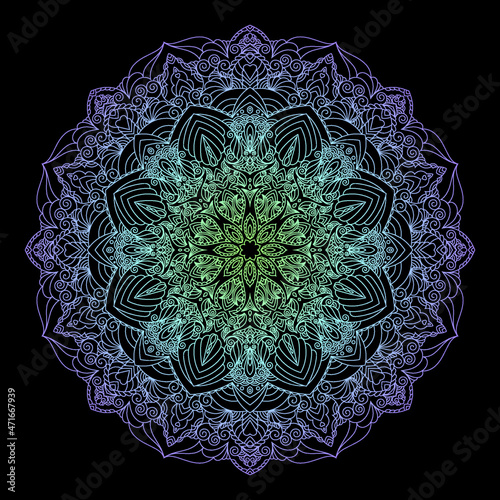 Hippie goa trance psychedelic colorful zentangle inspired mandala illustration with tribal boho chic ornaments. Oriental ornamental background. photo