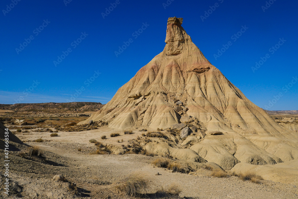 Spain, Navarre, Arguedas, Bardenas Reales desert, natural park classified as Biosphere Reserve by UNESCO, Castil de Tierra, the emblematic fairy chimney