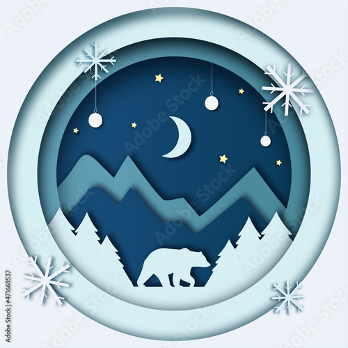 Christmas illustration with bear mountains in paper cut style