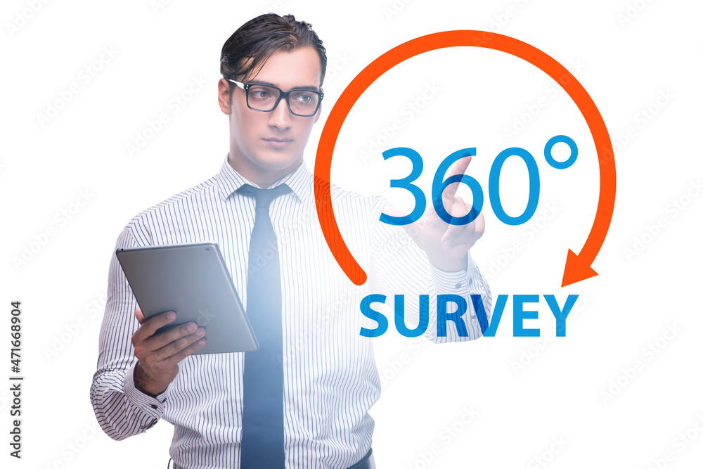360 degree concept with businessman pressing button 360 degree concept with businessman pressing button
