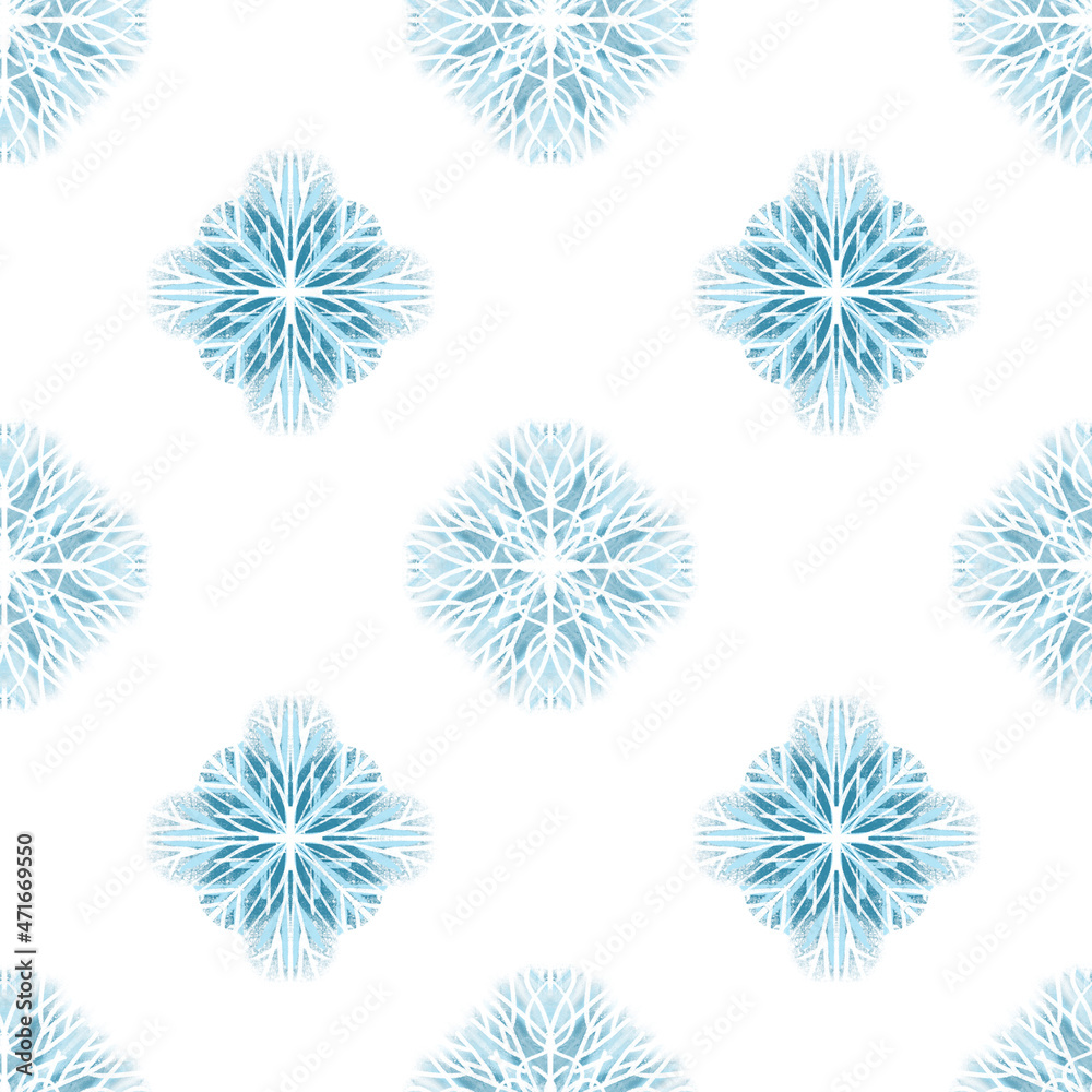 Seamless pattern with stylized textural Snowflakes illustration in blue Seamless pattern with stylized textural Snowflakes illustration in blue