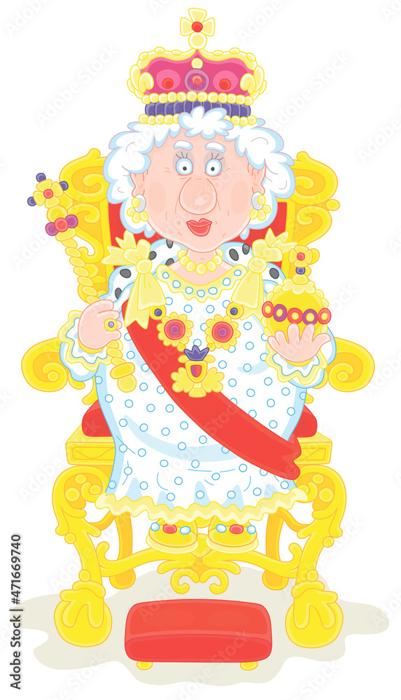 Queen in solemn royal dress with a kingly crown sitting on her throne and holding symbols of royalty at an official festive ceremony in a palace, vector cartoon illustration isolated on white