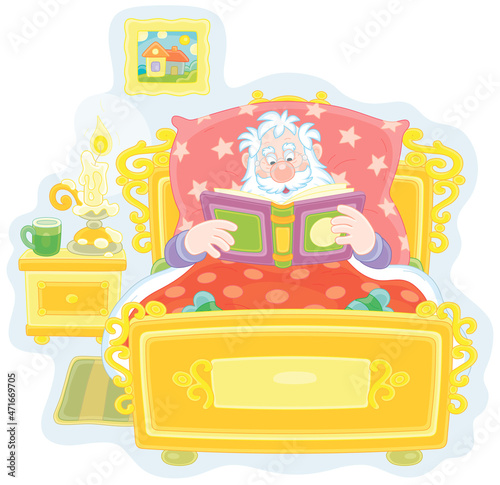 Santa Claus lying in his old bed and reading an interesting storybook by candlelight on a winter evening before bedtime, vector cartoon illustration isolated on a white background