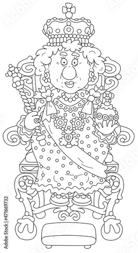 Queen in solemn royal dress with a kingly crown sitting on her throne and holding symbols of royalty at an official festive ceremony in a palace, black and white vector cartoon for a coloring book