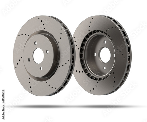 New car brake discs isolated on white background with shadows.
