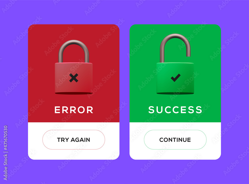 Success and Error access popup window ui banner vector design with locked and unlocked lock. Approved and Rejected UX web elements. Vector illustration Success and Error access popup window ui banner vector design with locked and unlocked lock. Approved and Rejected UX web elements. Vector illustration
