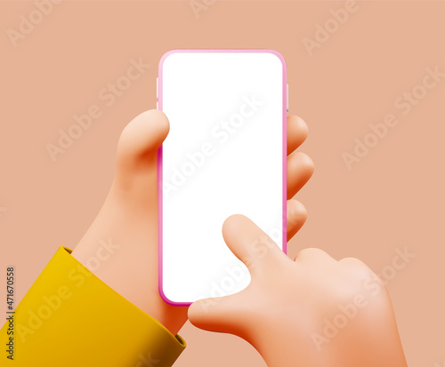 Smartphone in cartoon hand mockup with blank white screen and forefinger touching it isolated on beige background. Vector illustration